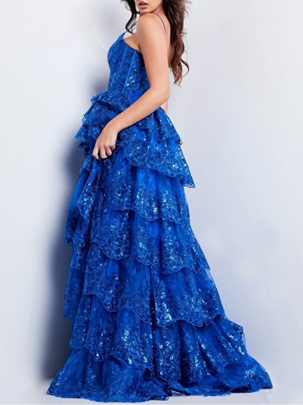 FLAWED Jovani Blue Prom Dress Sequin Corset High Slit Formal Pageant Gown, Sz 2 - Picture 4 of 14